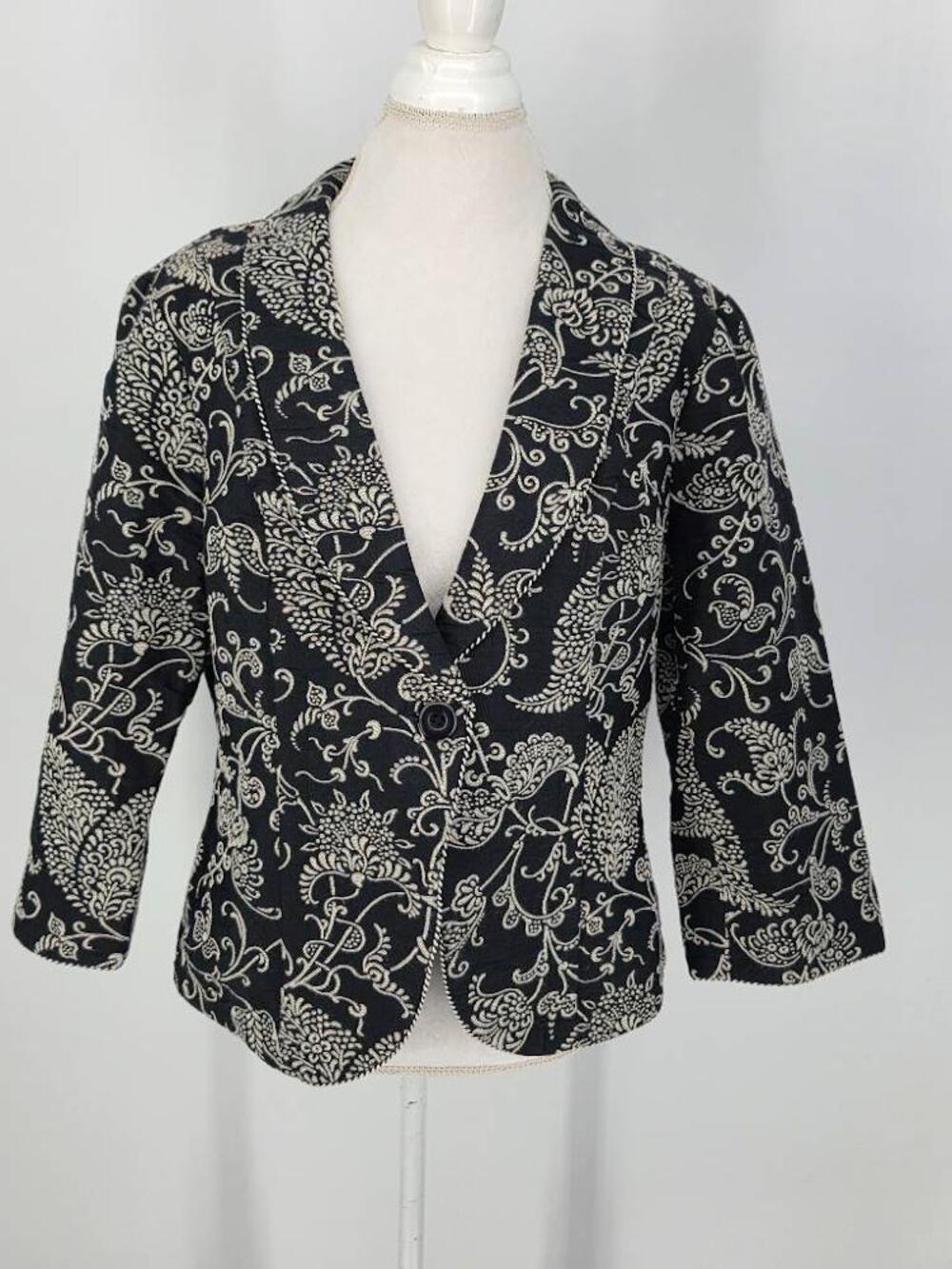 Cabi Womens 16 Floral Blazer Jacket Black Cream Brocade Piping 3/4 Sleeve USA